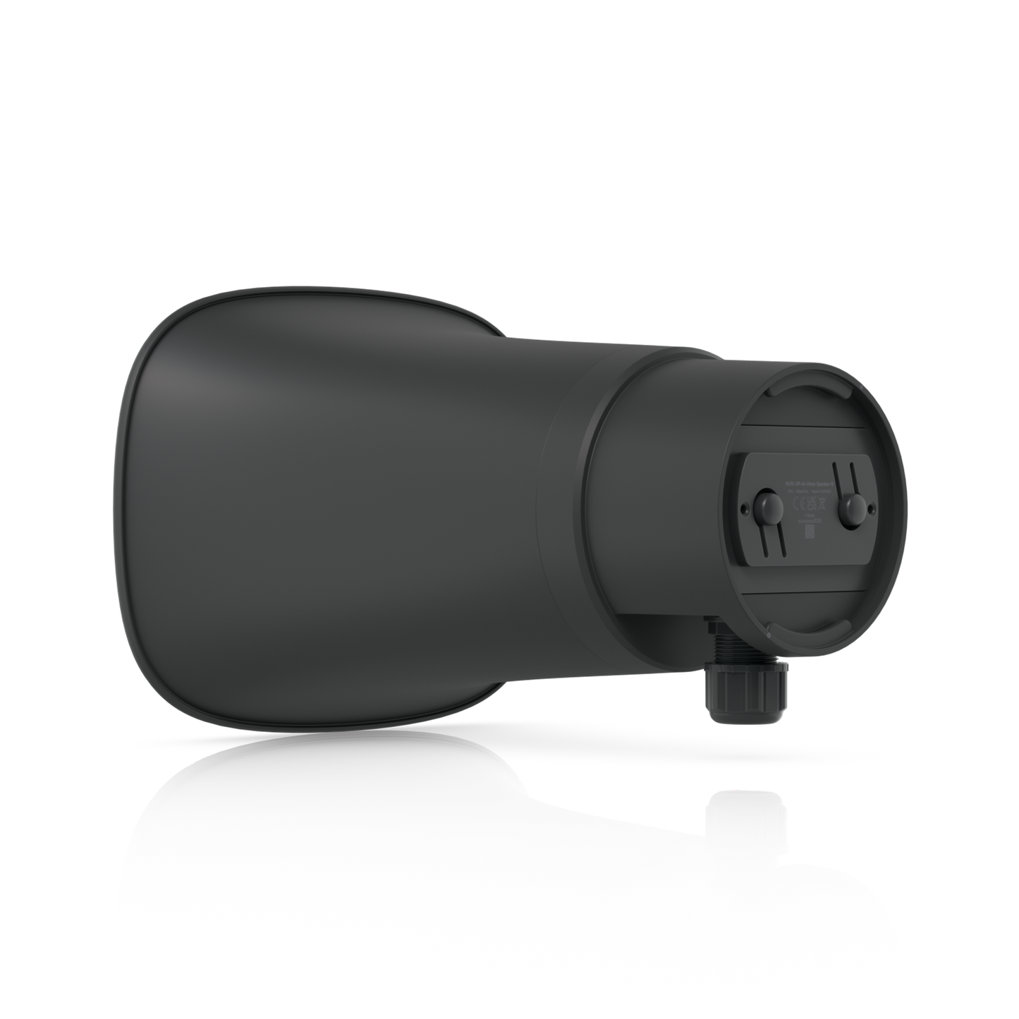 Rear three-quarter view of the black Ubiquiti UniFi UP-AI-Horn-Speaker showing its mounting plate and cable gland