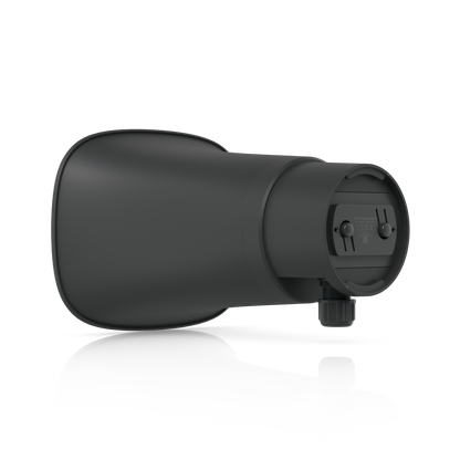 Rear three-quarter view of the black Ubiquiti UniFi UP-AI-Horn-Speaker showing its mounting plate and cable gland