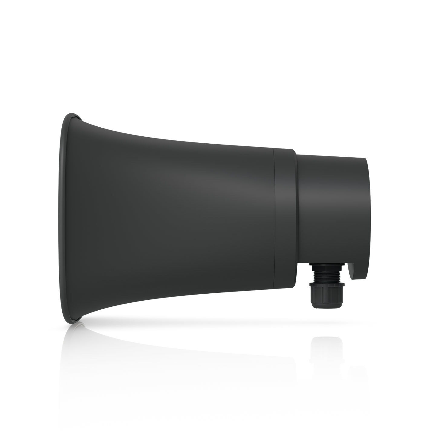 Side profile of the Ubiquiti UniFi UP-AI-Horn-Speaker in black with weather-sealed cable gland