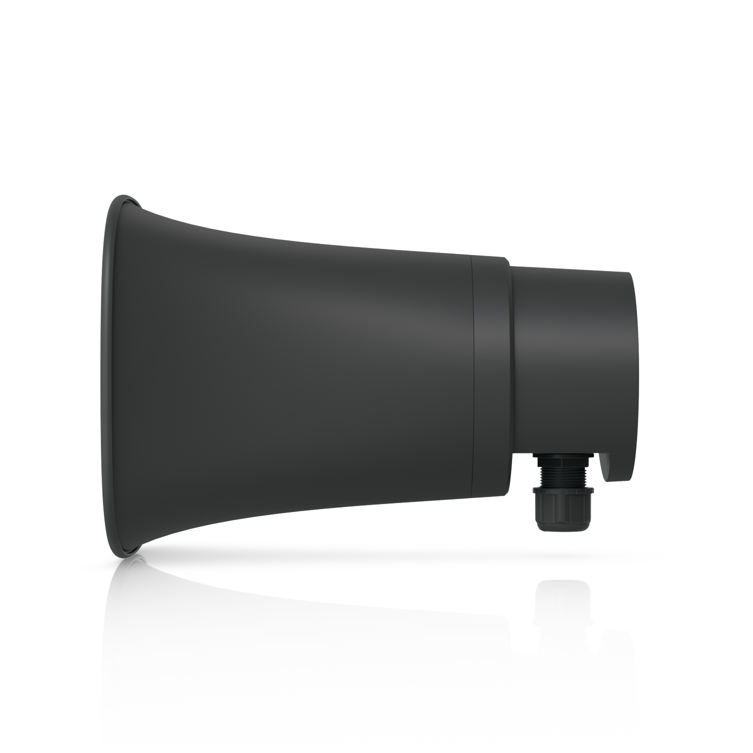 Side profile of the Ubiquiti UniFi UP-AI-Horn-Speaker in black with weather-sealed cable gland