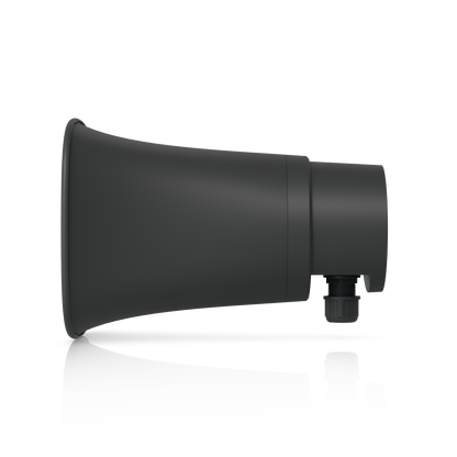 Side profile of the Ubiquiti UniFi UP-AI-Horn-Speaker in black with weather-sealed cable gland