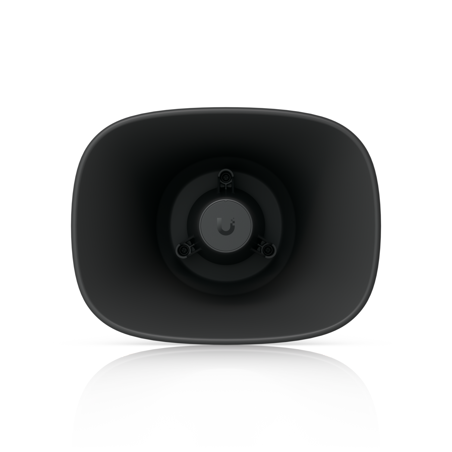 Front view inside the black Ubiquiti UniFi UP-AI-Horn-Speaker showing the central driver and fixings