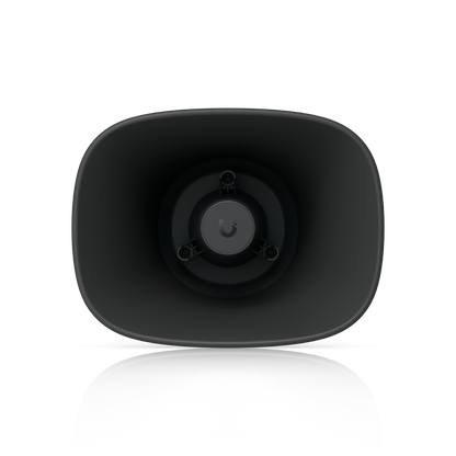 Front view inside the black Ubiquiti UniFi UP-AI-Horn-Speaker showing the central driver and fixings