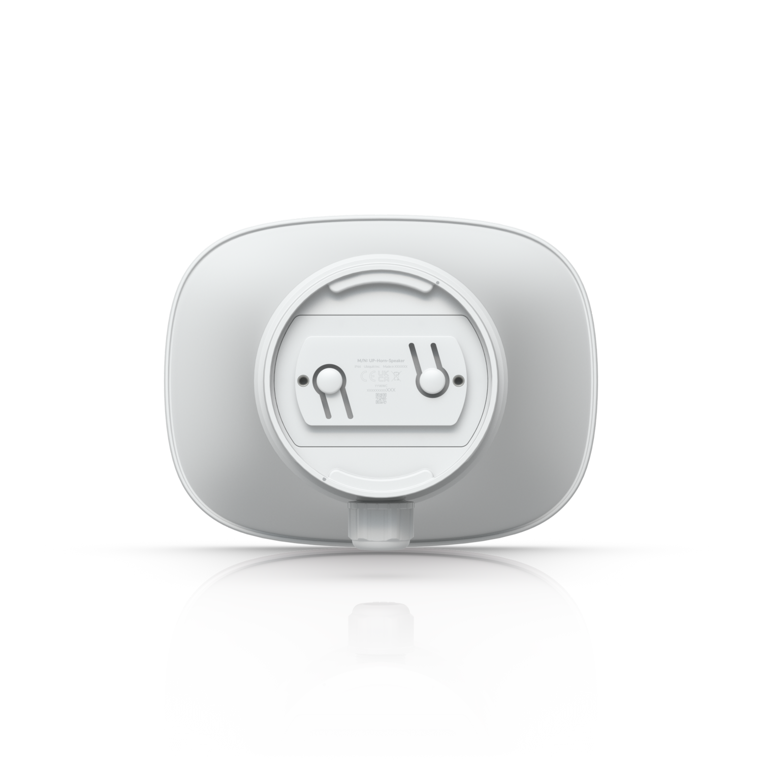 Rear view of the Ubiquiti UP-AI-Horn-Speaker showing mounting plate and cable gland