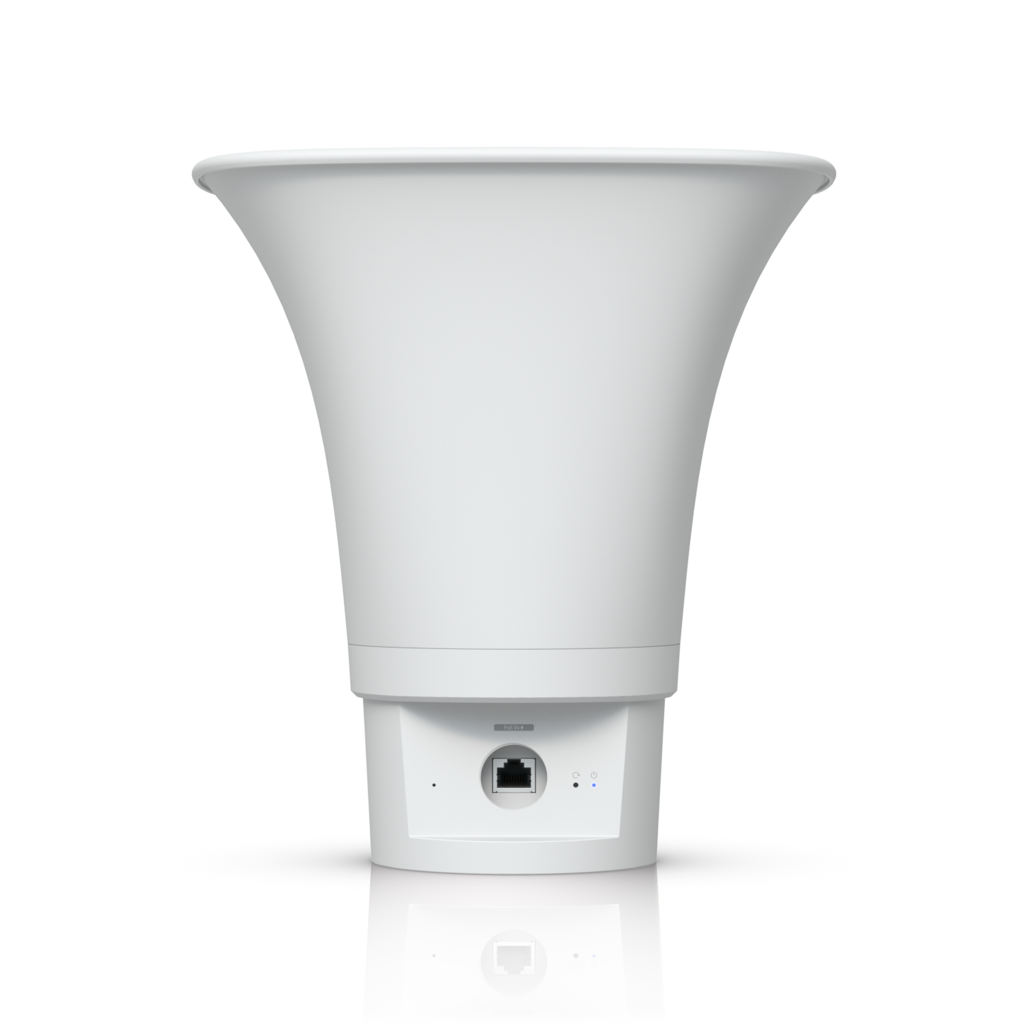 Ubiquiti UniFi AI Horn Speaker in white showing PoE Ethernet port and status indicators