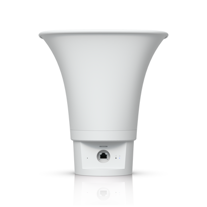 Ubiquiti UniFi AI Horn Speaker in white showing PoE Ethernet port and status indicators