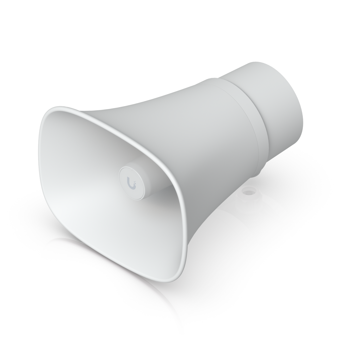 White Ubiquiti UniFi AI Horn Speaker with flared horn and weatherproof cable gland