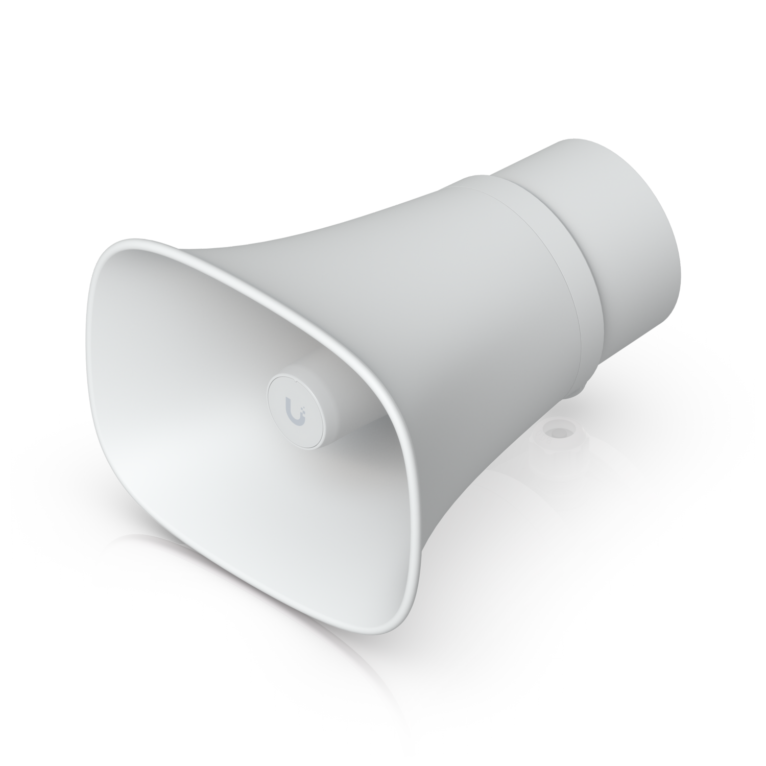 White Ubiquiti UniFi AI Horn Speaker with flared horn and weatherproof cable gland