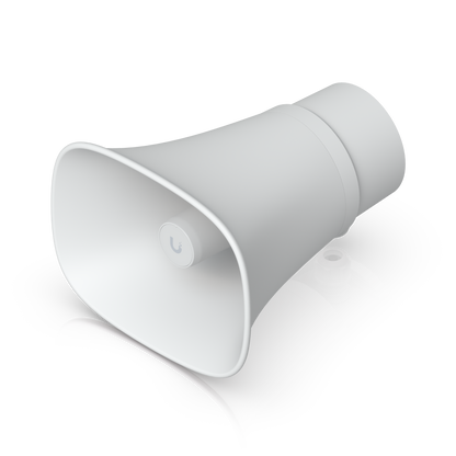 White Ubiquiti UniFi AI Horn Speaker with flared horn and weatherproof cable gland