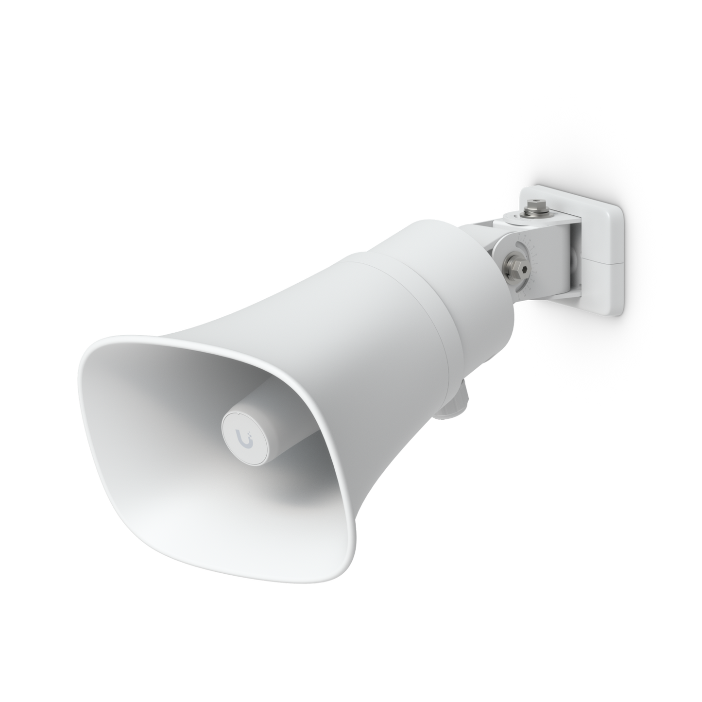 Ubiquiti UP-AI-Horn-Speaker in white with adjustable wall-mount bracket