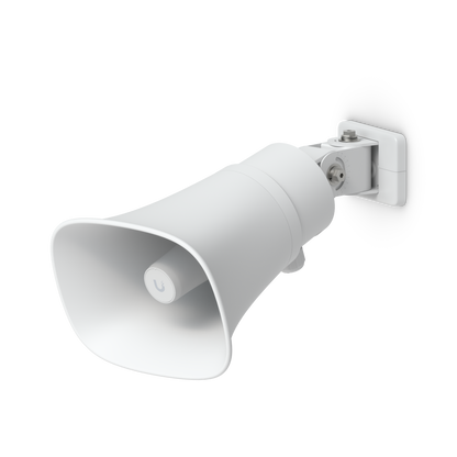 Ubiquiti UP-AI-Horn-Speaker in white with adjustable wall-mount bracket