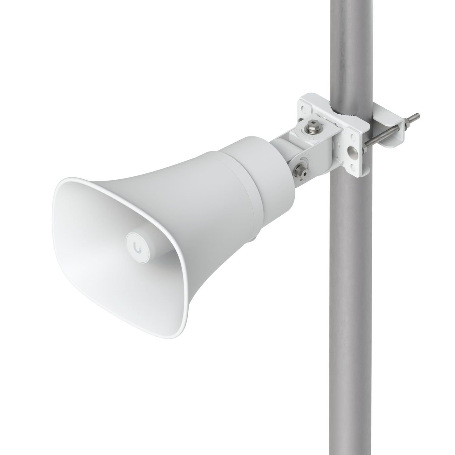 White Ubiquiti UniFi AI Horn Speaker secured to a pole with adjustable mounting bracket