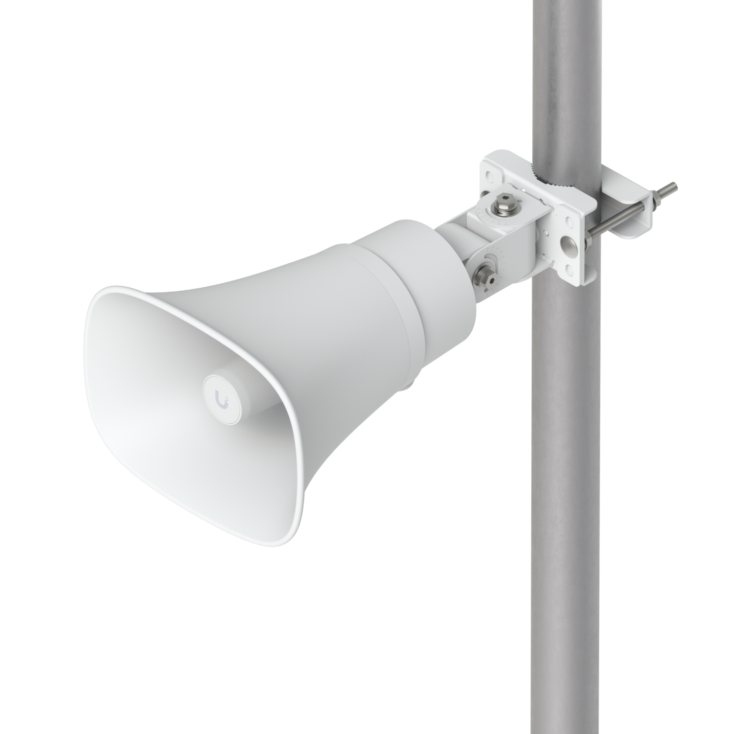 White Ubiquiti UniFi AI Horn Speaker secured to a pole with adjustable mounting bracket