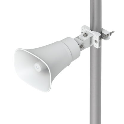 White Ubiquiti UniFi AI Horn Speaker secured to a pole with adjustable mounting bracket