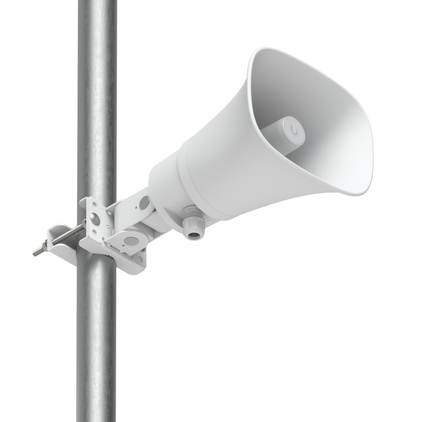 Pole-mounted Ubiquiti UP-AI-Horn-Speaker in white shown from a low front angle