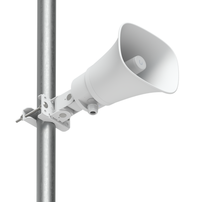 Pole-mounted Ubiquiti UP-AI-Horn-Speaker in white shown from a low front angle