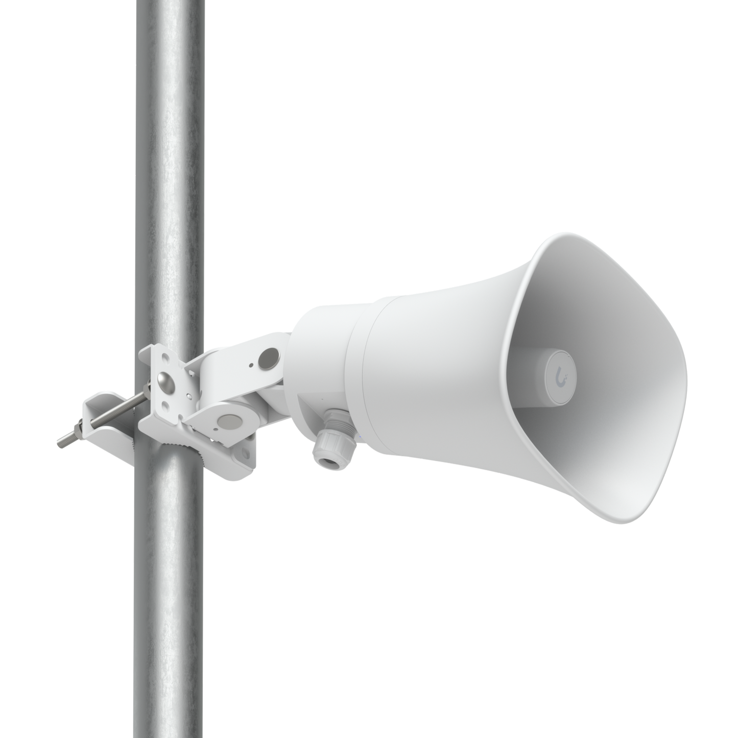 White Ubiquiti UniFi AI Horn Speaker installed on a pole with adjustable mounting hardware