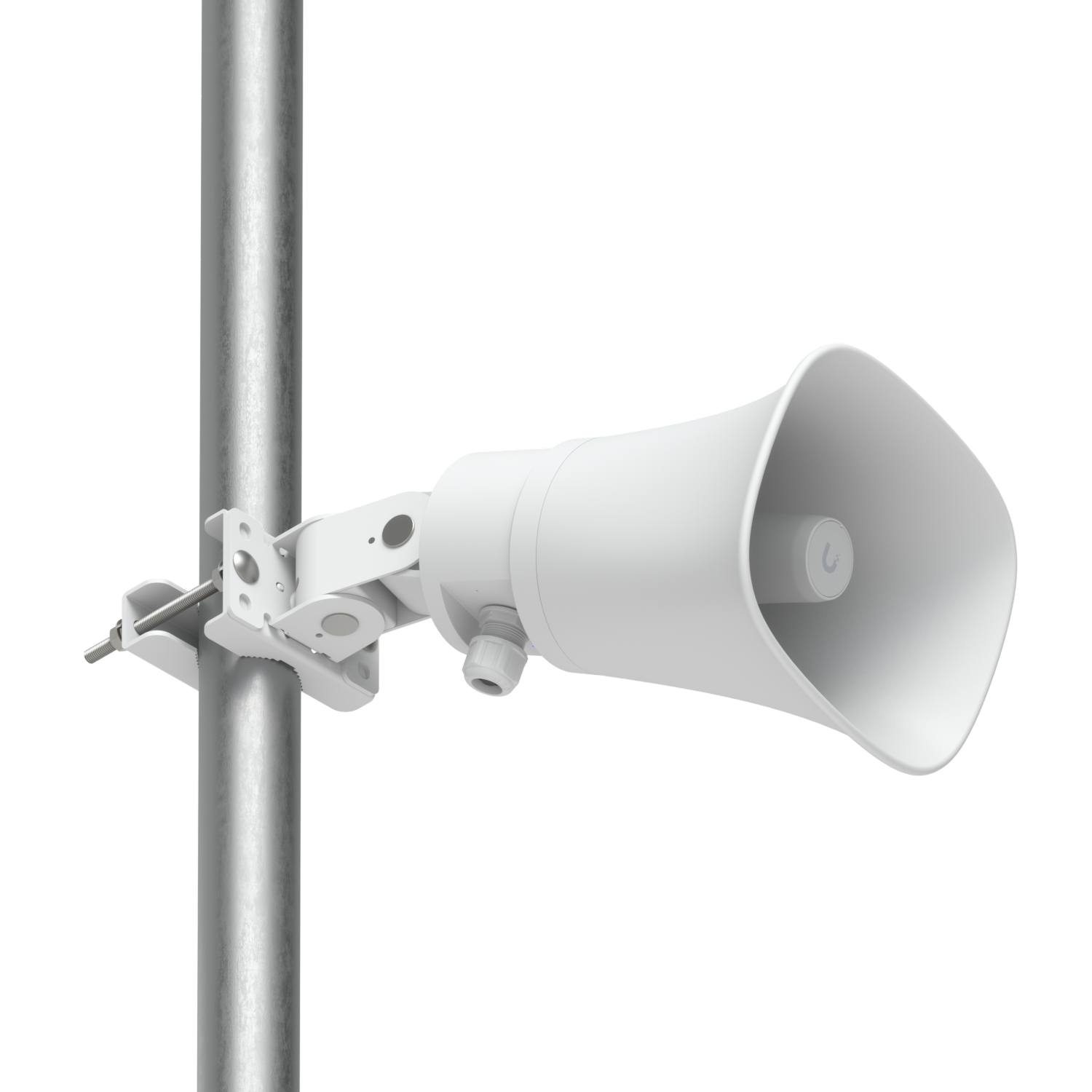 White Ubiquiti UniFi AI Horn Speaker installed on a pole with adjustable mounting hardware