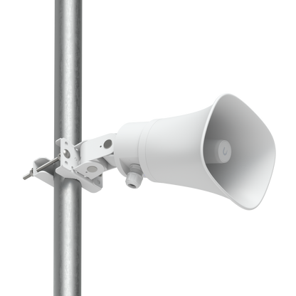 White Ubiquiti UniFi AI Horn Speaker installed on a pole with adjustable mounting hardware