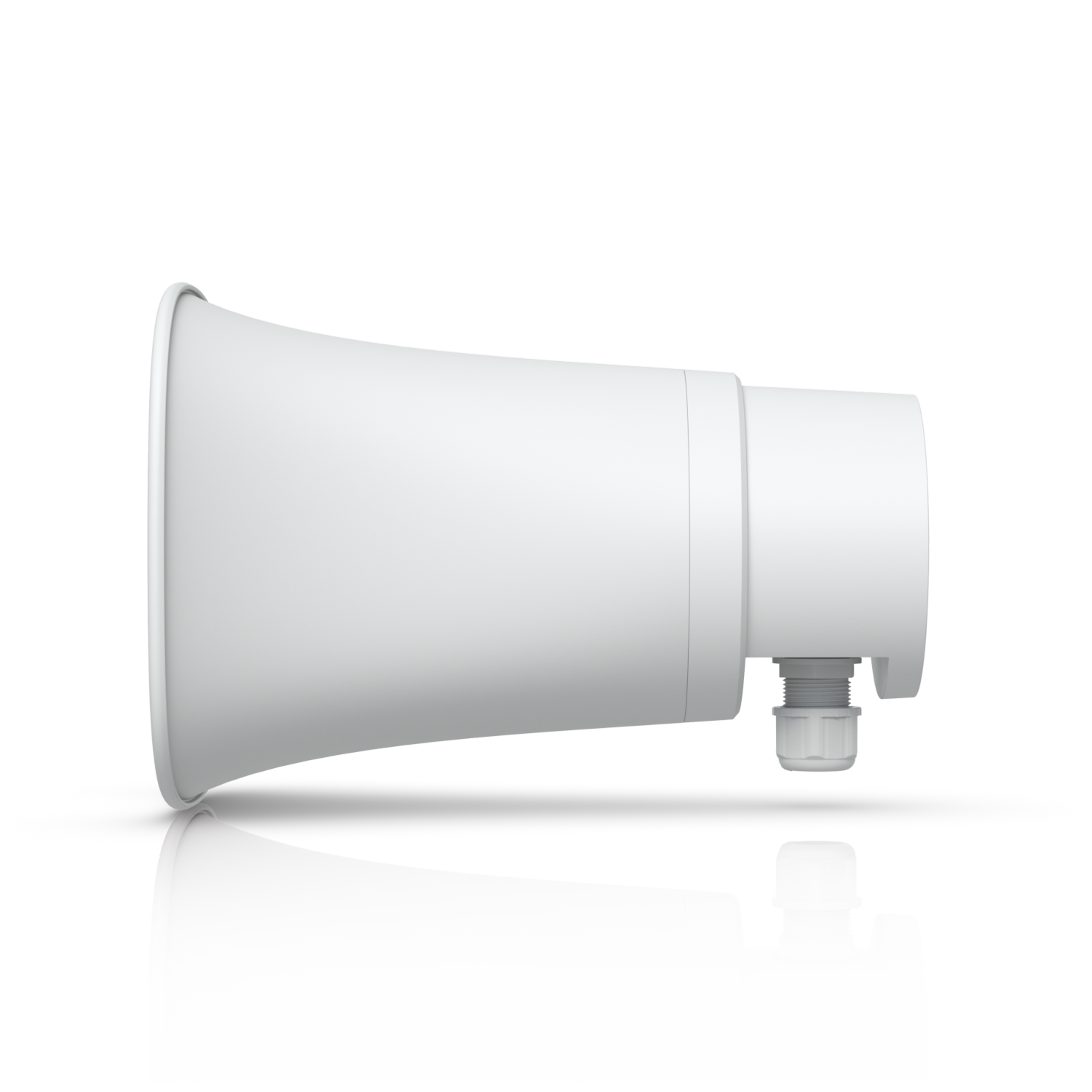Side profile of the white Ubiquiti UP-AI-Horn-Speaker with weatherproof cable entry