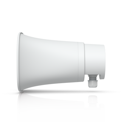 Side profile of the white Ubiquiti UP-AI-Horn-Speaker with weatherproof cable entry