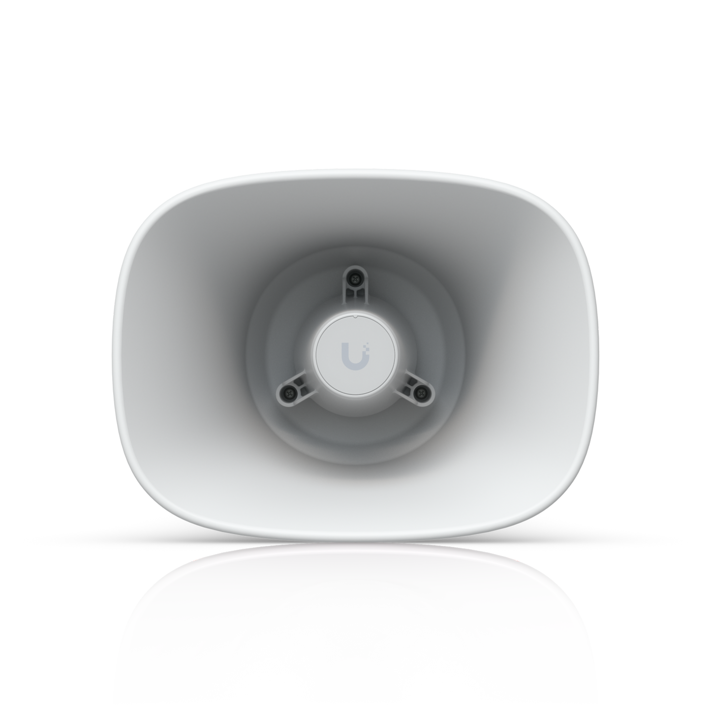 Front view inside the white Ubiquiti UniFi AI Horn Speaker with central Ubiquiti logo
