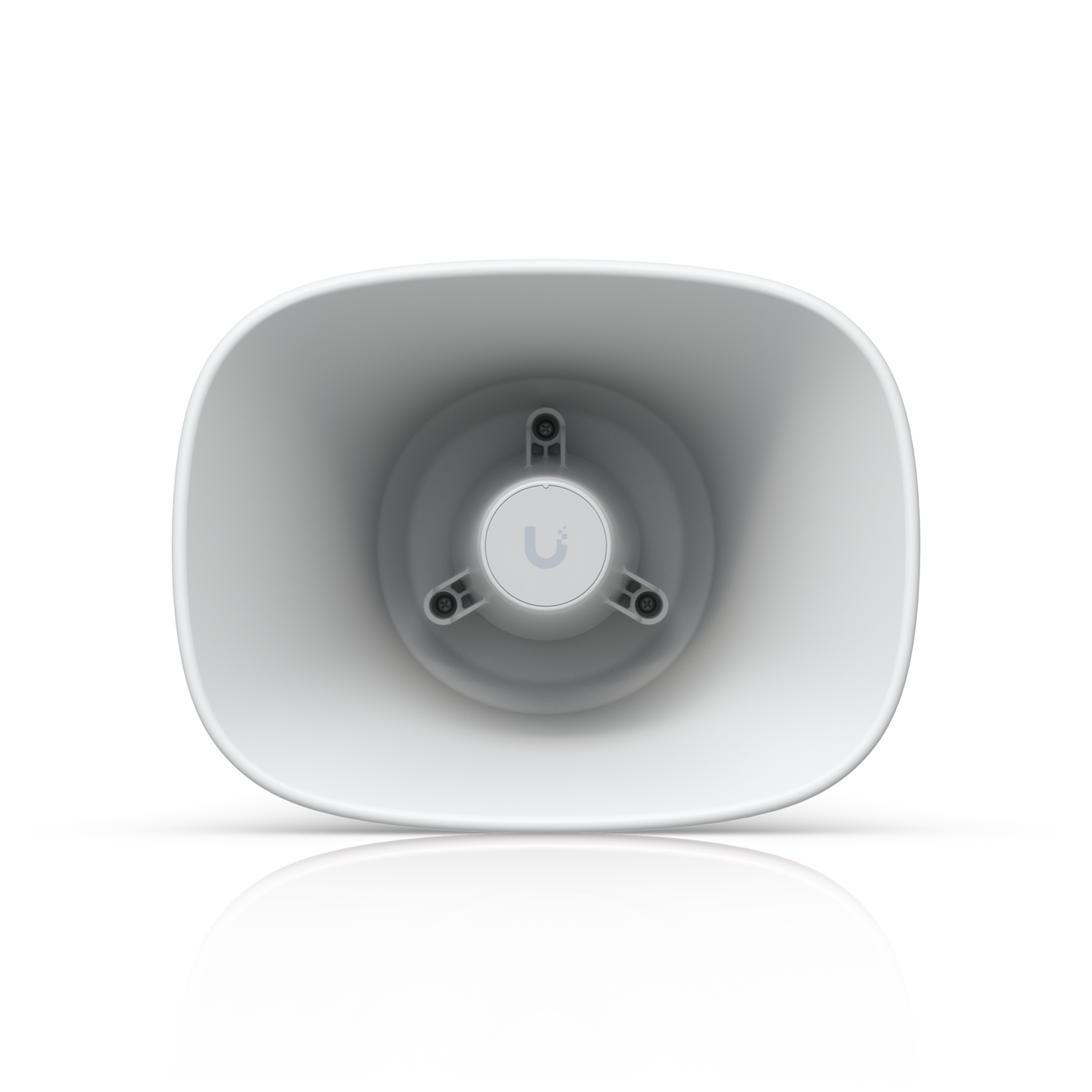 Front view inside the white Ubiquiti UniFi AI Horn Speaker with central Ubiquiti logo