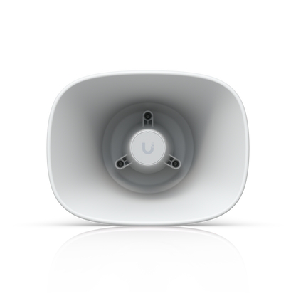 Front view inside the white Ubiquiti UniFi AI Horn Speaker with central Ubiquiti logo