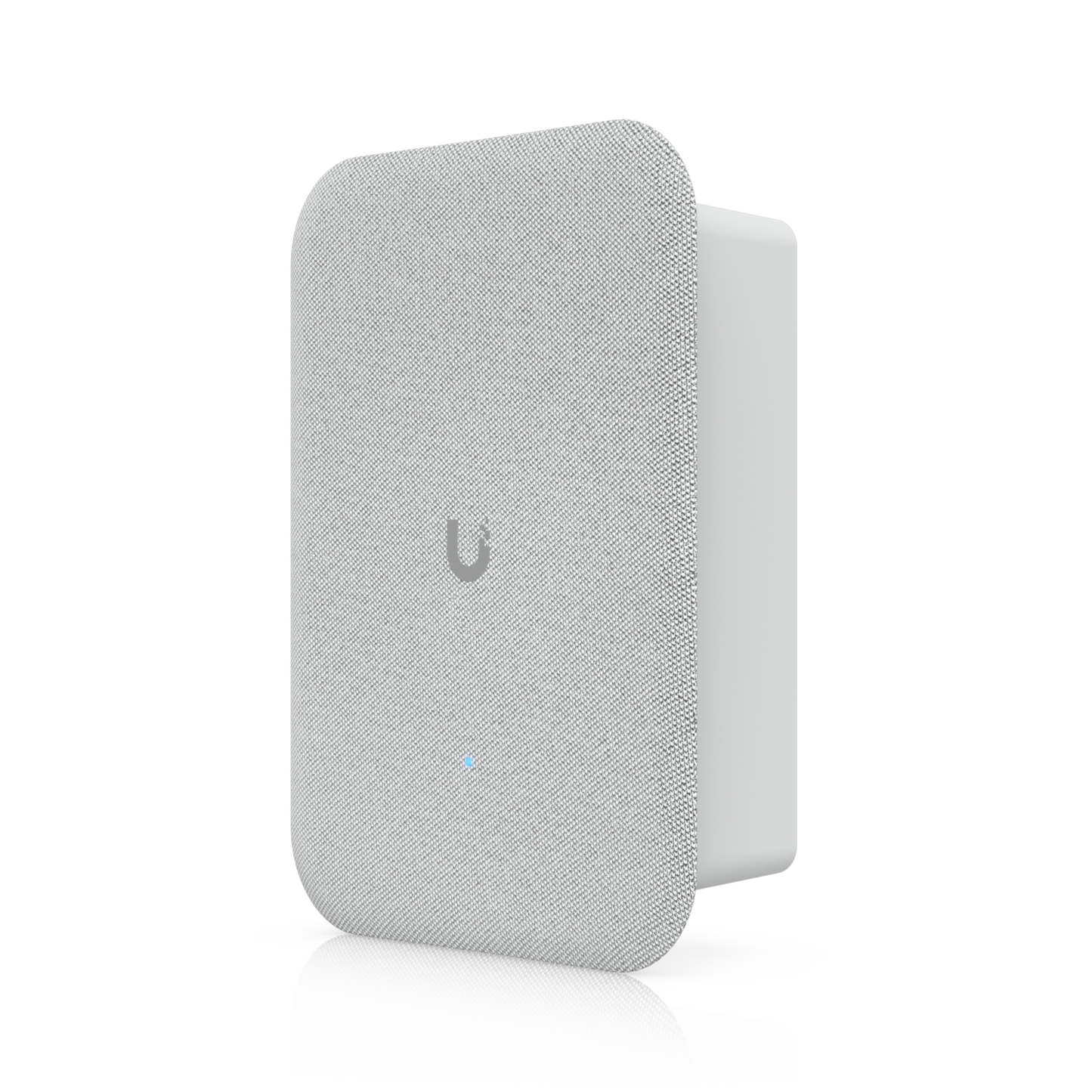 Three-quarter front view of the Ubiquiti UniFi AI Speaker UP-AI-Speaker with fabric grille and compact enclosure