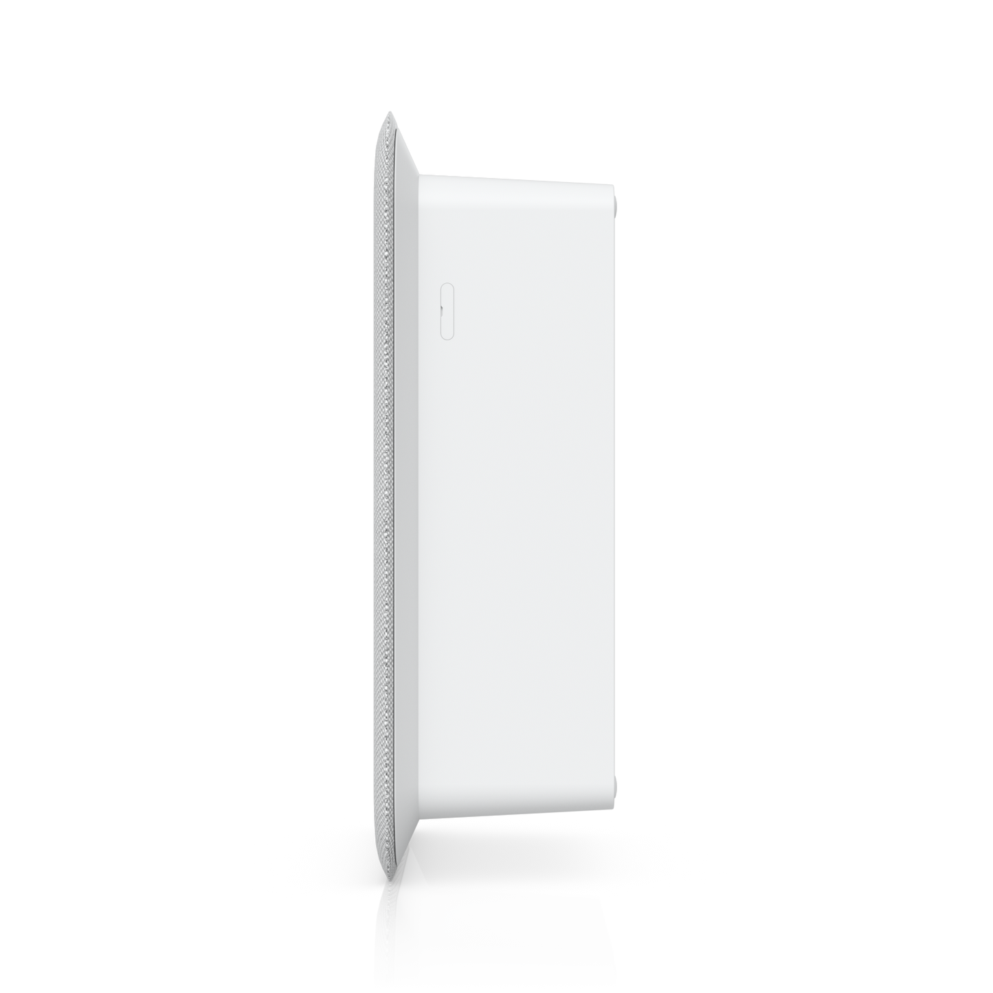 Side profile of the Ubiquiti UP-AI-Speaker showing its slim UniFi AI Speaker enclosure and latch cap