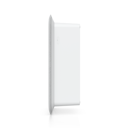 Side profile of the Ubiquiti UP-AI-Speaker showing its slim UniFi AI Speaker enclosure and latch cap