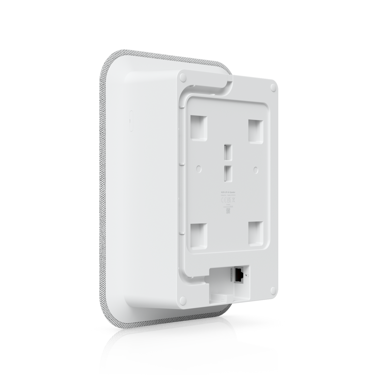 Rear angled view of the Ubiquiti UniFi AI Speaker with mounting plate and RJ45 PoE++ network port