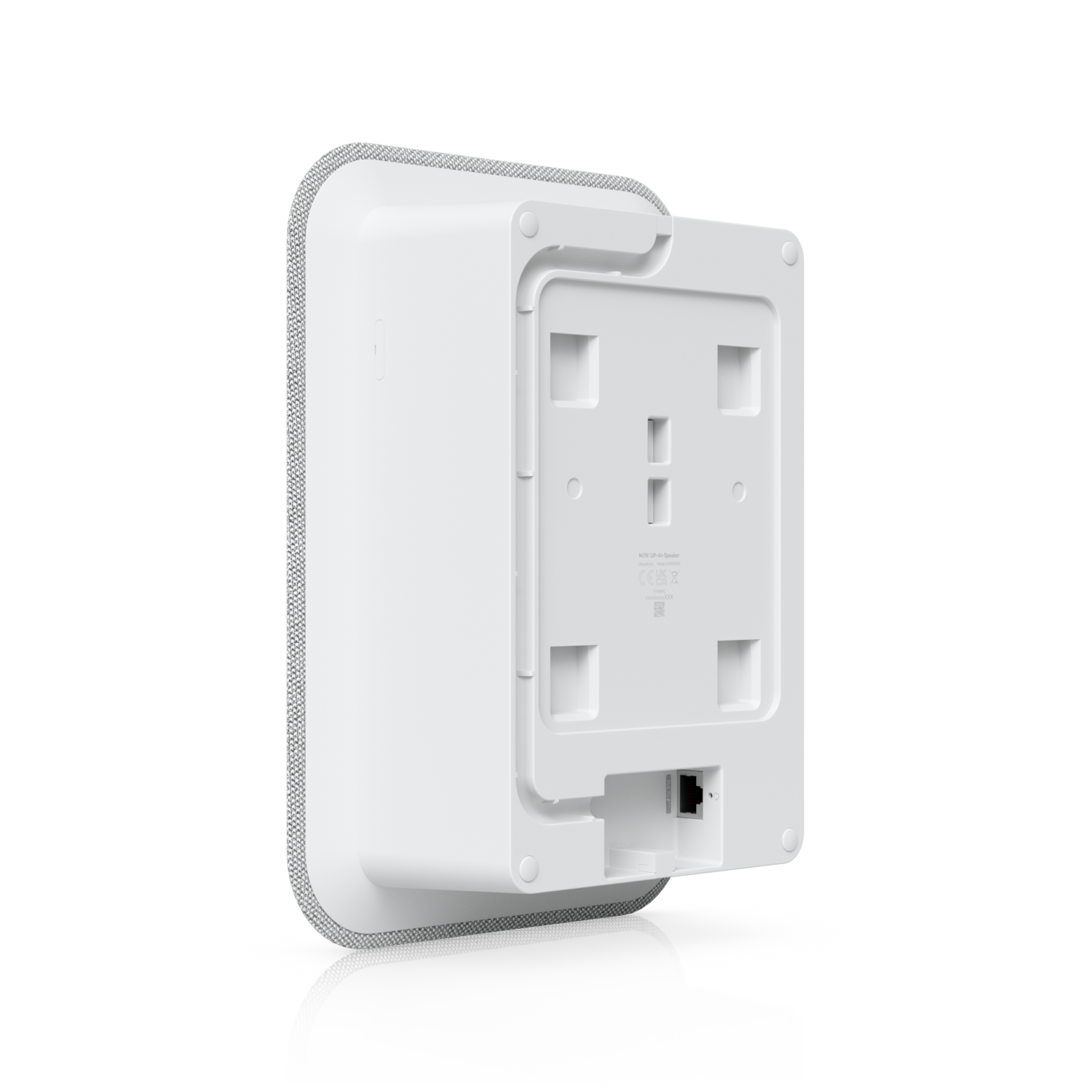 Rear angled view of the Ubiquiti UniFi AI Speaker with mounting plate and RJ45 PoE++ network port