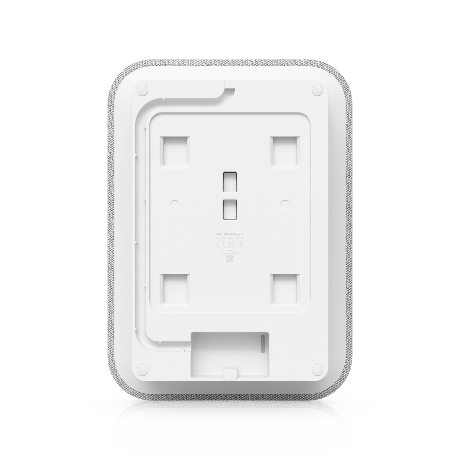 Rear view of the Ubiquiti UP-AI-Speaker showing the mounting plate, cable channel and recessed connection area