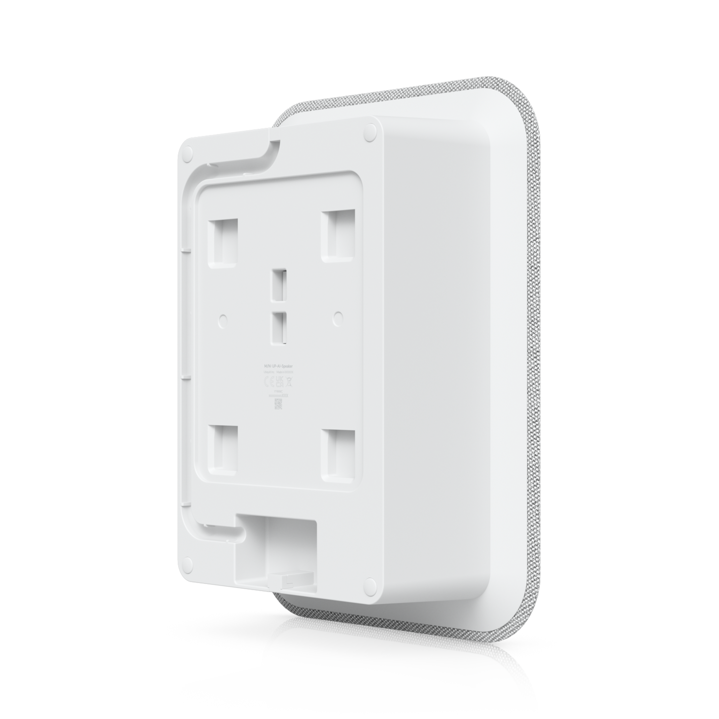Three-quarter rear view of the UniFi AI Speaker UP-AI-Speaker with mounting slots and cable access recess