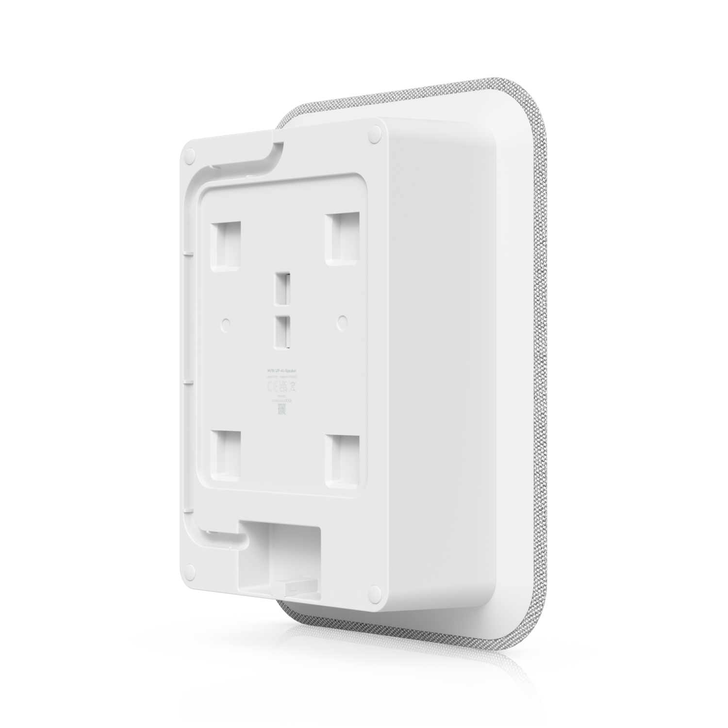 Three-quarter rear view of the UniFi AI Speaker UP-AI-Speaker with mounting slots and cable access recess