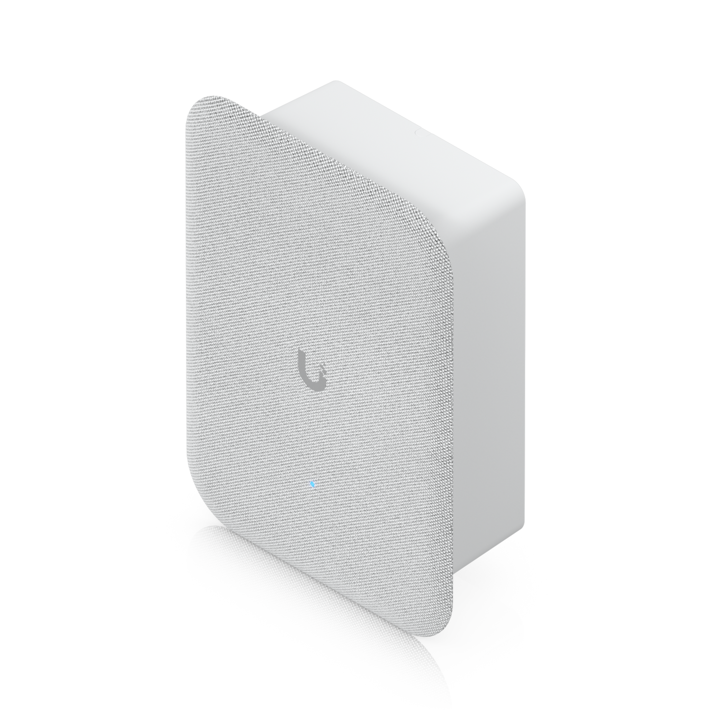 Elevated front view of the Ubiquiti UniFi AI Speaker featuring its rounded fabric grille and compact housing