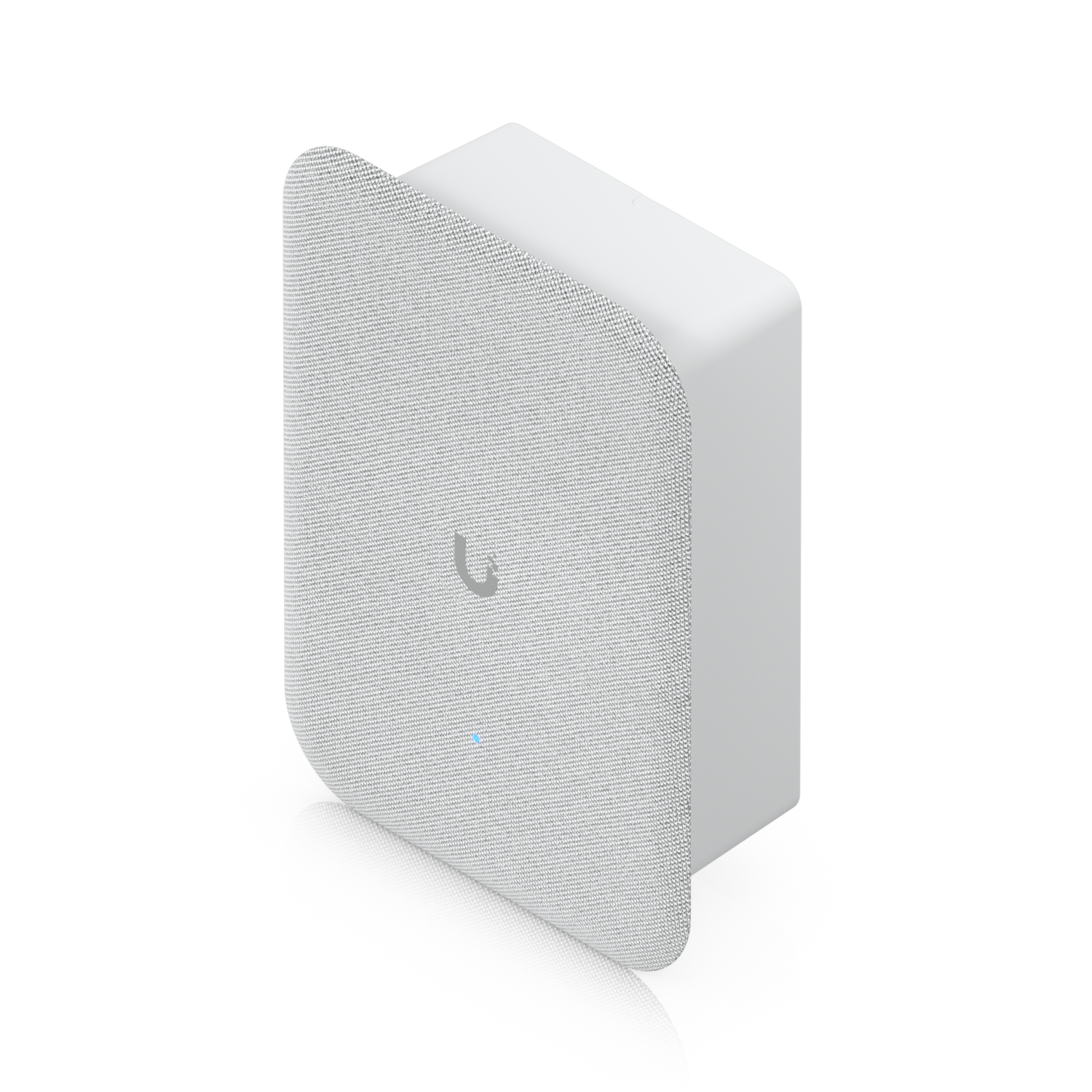 Elevated front view of the Ubiquiti UniFi AI Speaker featuring its rounded fabric grille and compact housing