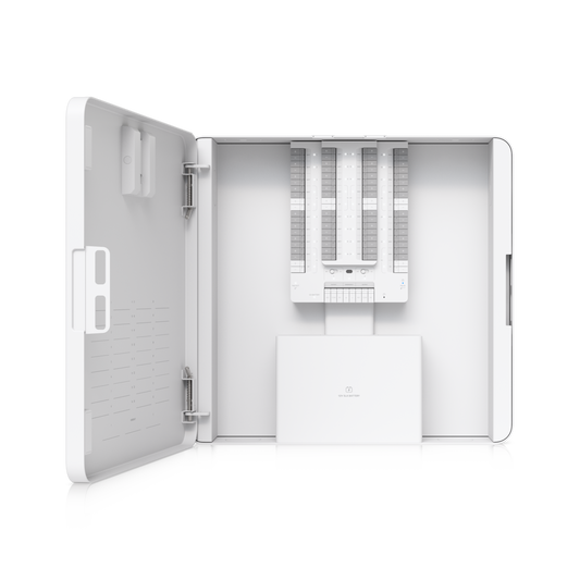 Ubiquiti UniFi UP-AlarmHub-Kit open front view showing 32-zone alarm control board and battery compartment