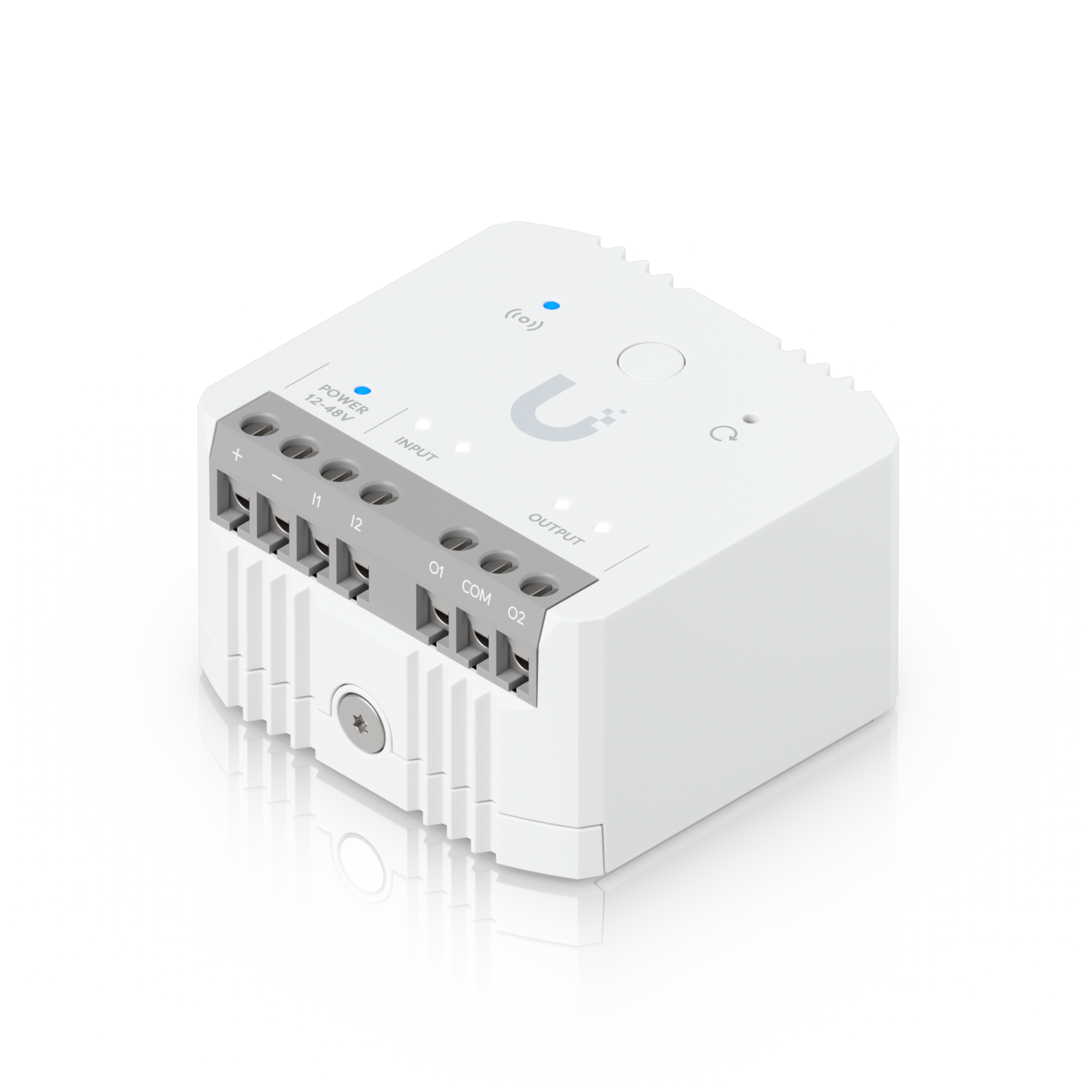 Angled top view of Ubiquiti USL-Relay UniFi Relay with status indicators, controls and connection terminals