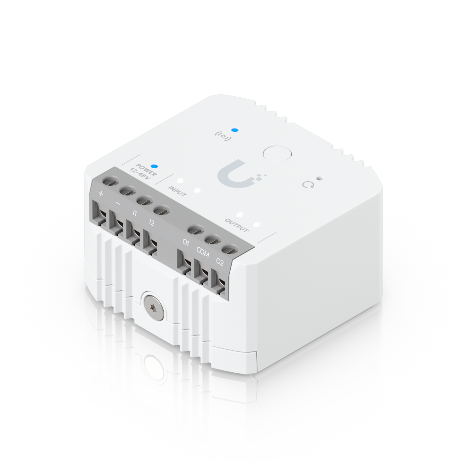Angled top view of Ubiquiti USL-Relay UniFi Relay with status indicators, controls and connection terminals