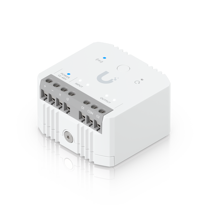Angled top view of Ubiquiti USL-Relay UniFi Relay with status indicators, controls and connection terminals