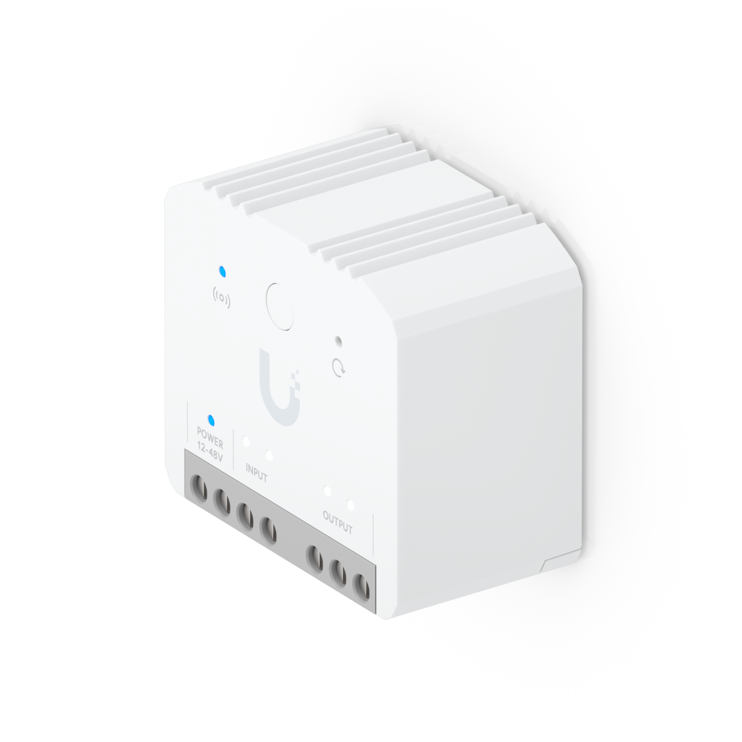 Front three-quarter view of Ubiquiti USL-Relay with wireless indicator, control button and screw terminals