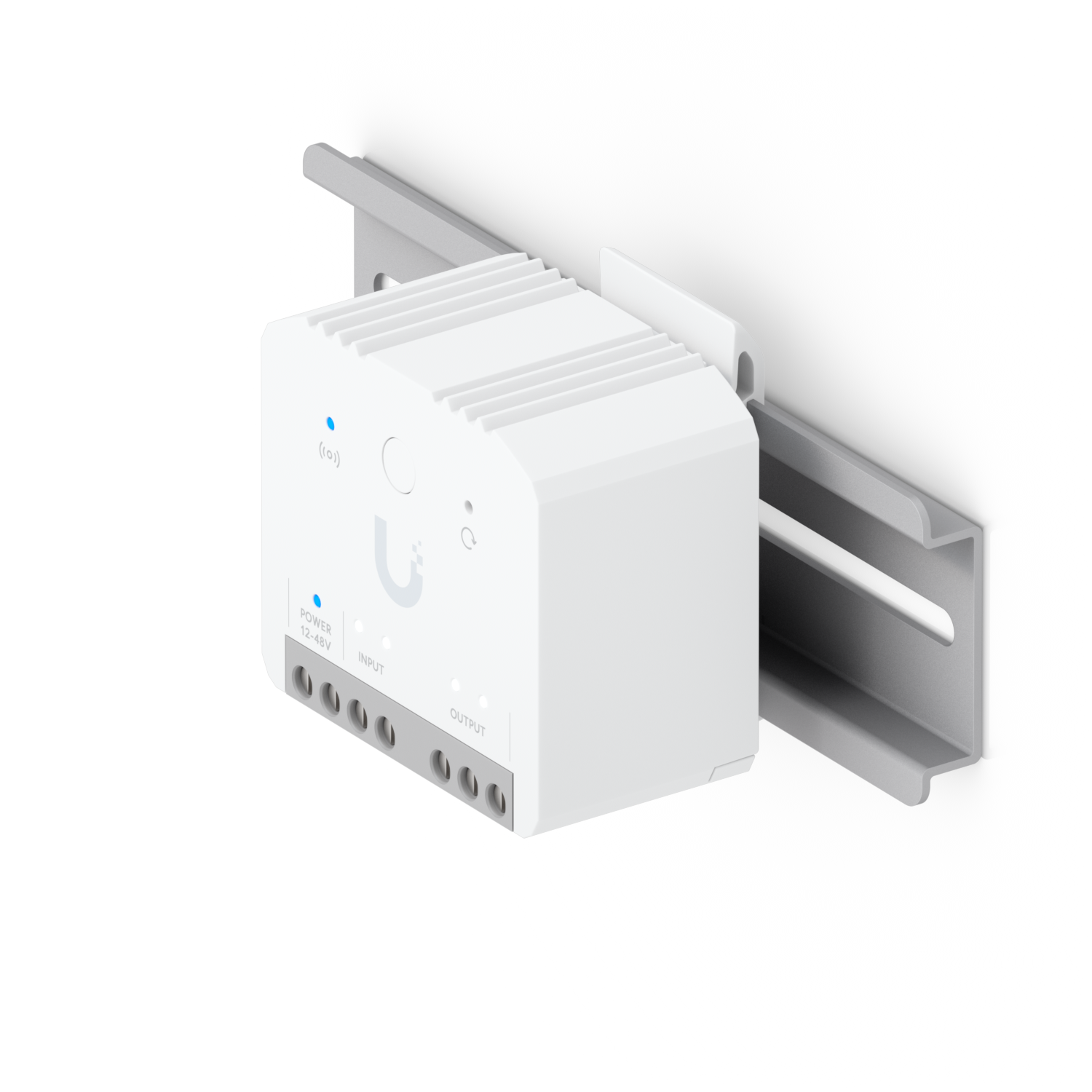 Ubiquiti USL-Relay UniFi Relay shown with its mounting bracket and DIN rail