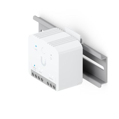 Ubiquiti USL-Relay UniFi Relay shown with its mounting bracket and DIN rail