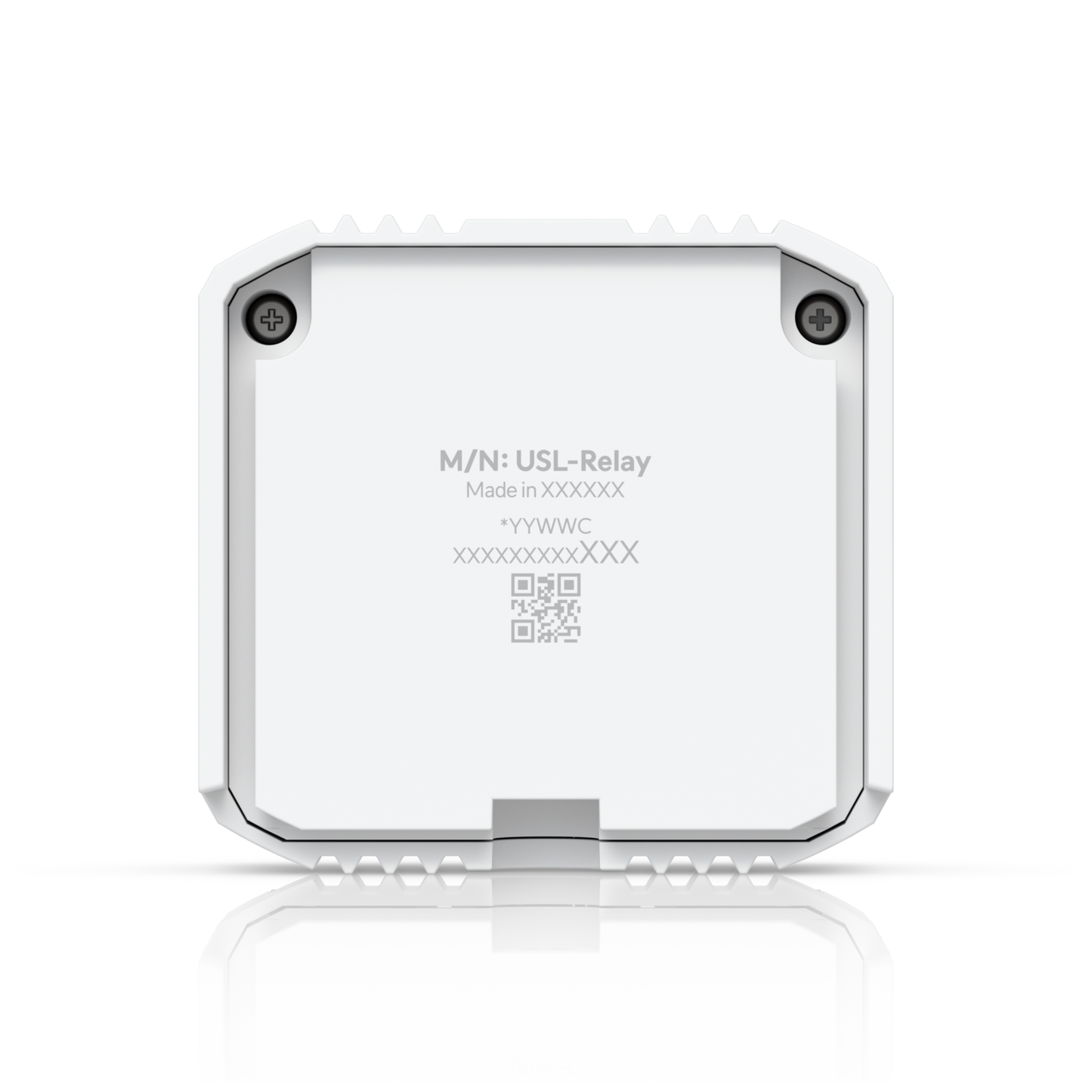 Back panel of the Ubiquiti USL-Relay with model identification, QR code and mounting screws