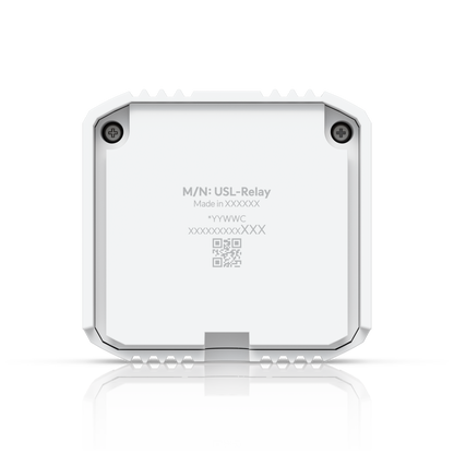 Back panel of the Ubiquiti USL-Relay with model identification, QR code and mounting screws