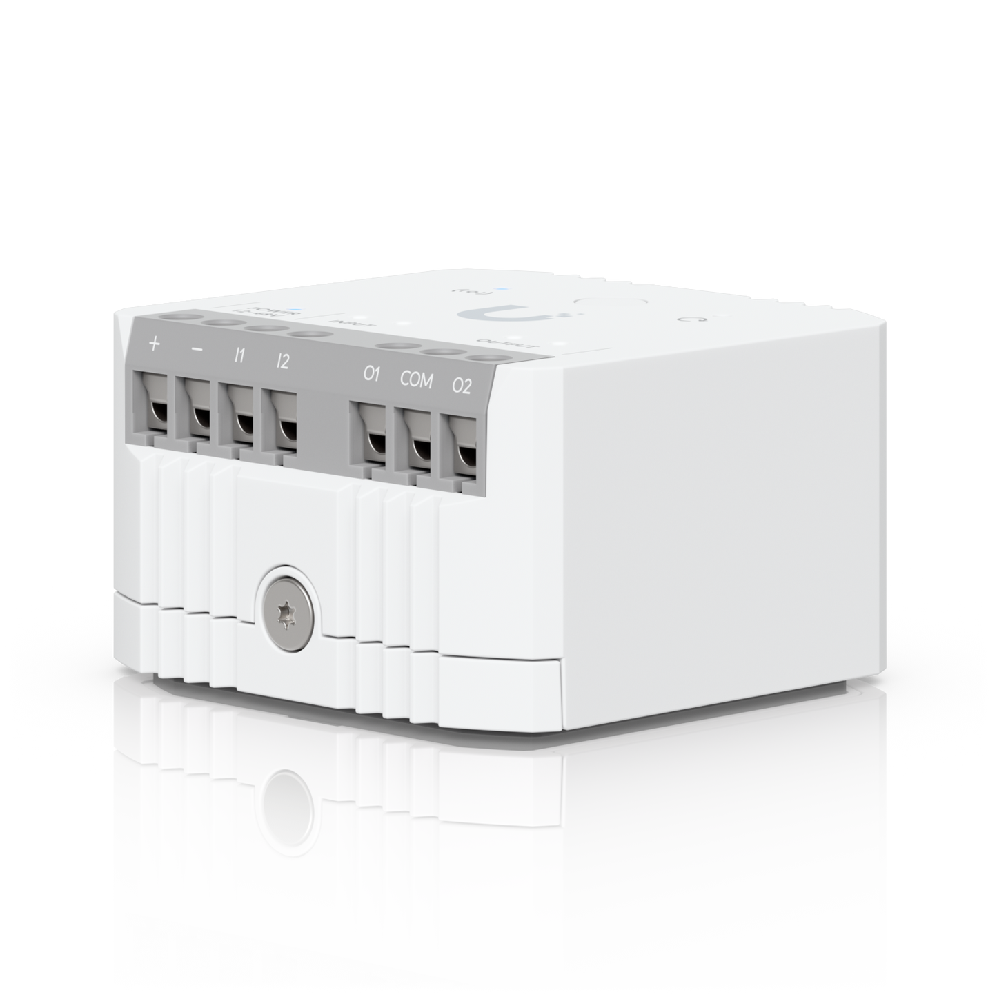 Three-quarter terminal view of Ubiquiti USL-Relay UniFi Relay showing its compact ribbed enclosure