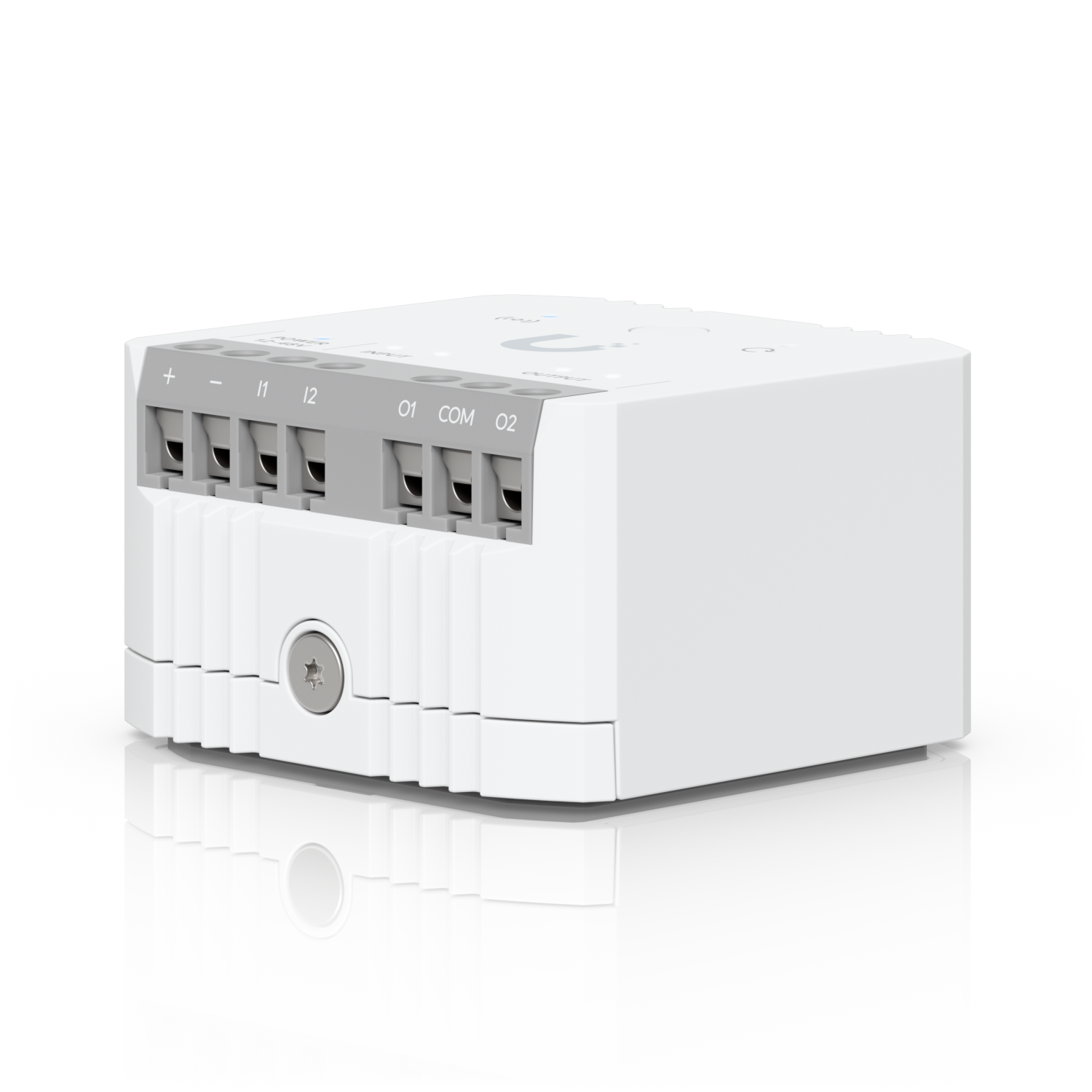 Three-quarter terminal view of Ubiquiti USL-Relay UniFi Relay showing its compact ribbed enclosure