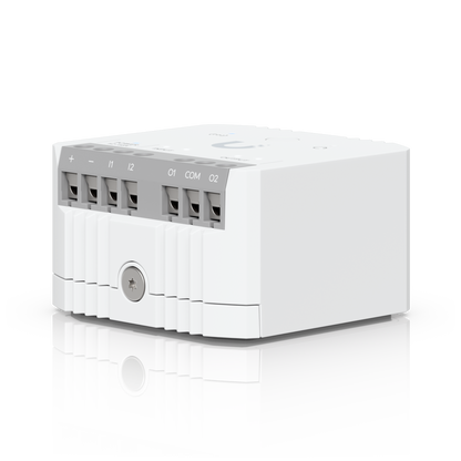 Three-quarter terminal view of Ubiquiti USL-Relay UniFi Relay showing its compact ribbed enclosure